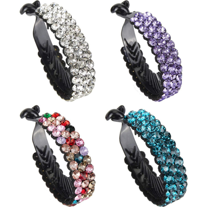 Lawie 4 Pack Rhinestone Gem Jeweled Glitter Sparkly Plastic Banana Round Hair Clips Jaw Claws Barrettes Grips Clamps Ponytail Bun Chignon
