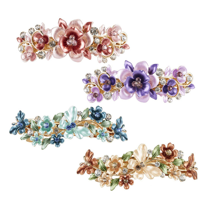 Lawie 4 Pack Fancy Delicate Floral Butterfly Leaf Jeweled Gems Rhinestone Glitter Sparkly Metal Hair Clips Snap Barrettes Grip Hairpins