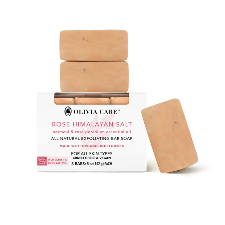 Olivia Care Exfoliating Bar Soap With Rose Himalayan Salt Natural And Organic Infused W Oatmeal And Rose Essential Geranium Oil Moisturize
