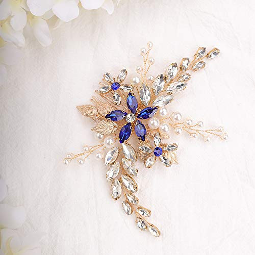Aimimier Bridal Sapphire Crystal Hair Comb Pearl Blue Crystal Leaf Marquise Hair Piece Prom Party Festival Wedding Hair Accessories For