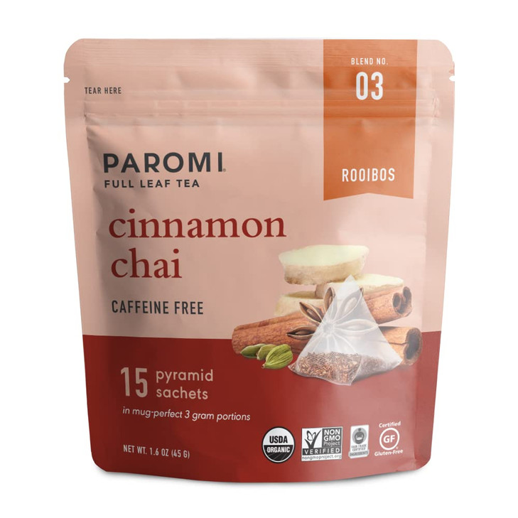 Paromi Organic Cinnamon Chai Rooibos Tea 15 Pyramid Sachets In A Resealable Pouch Caffeine Free Chai With Cinnamon Ginger Clove And Cardamom
