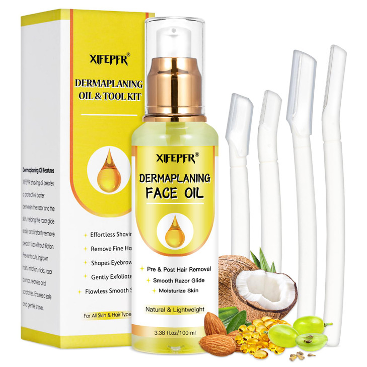 XIFEPFR Dermaplaning Kit, Dermaplane Oil with Dermaplaning Tools, Shave Oil for Women, Softens Area Pre Shave & After Shave, Use with Face Razor, Fac