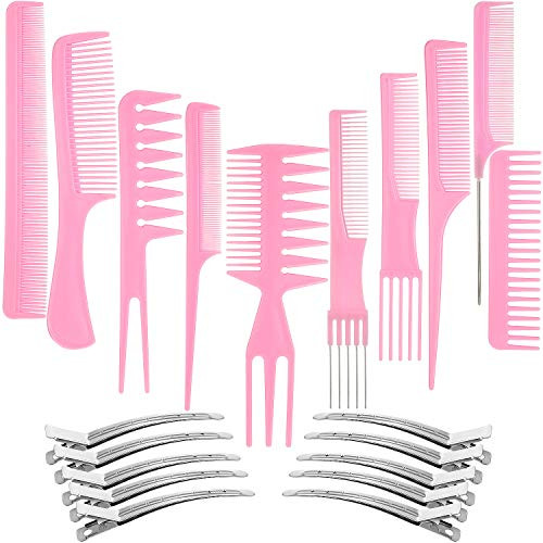 10 Hair Styling Comb Set With Duck Bill Clips Anti Static Combs And Metal Clips For Salon And Barber Use Pink