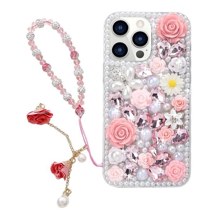 Omorro for iPhone 16 Pro Bling Case with Strap, Luxury Glitter Rhinestone Diamond Crystal Sparkle Rose Flower Pearl Floral Bracelets Soft Bumper Prot