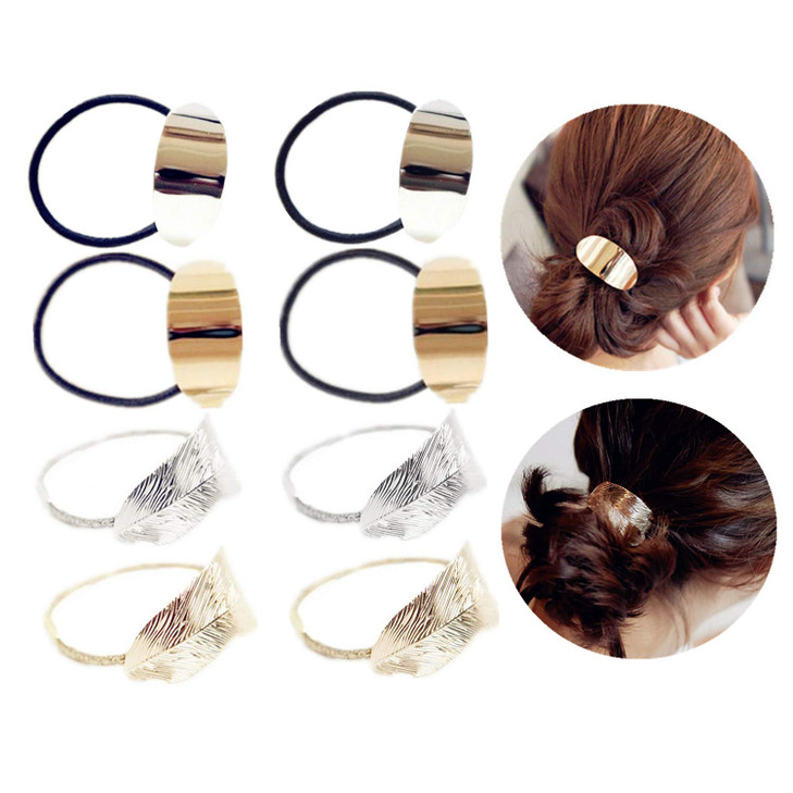 Jinyu 8 Pcs Metal Leaf Hair Rope Hairband Ponytail Holder Hair Ring Crystal Elastic Rubber Band Hair Tie Hair Headdress Hair Accessories 2