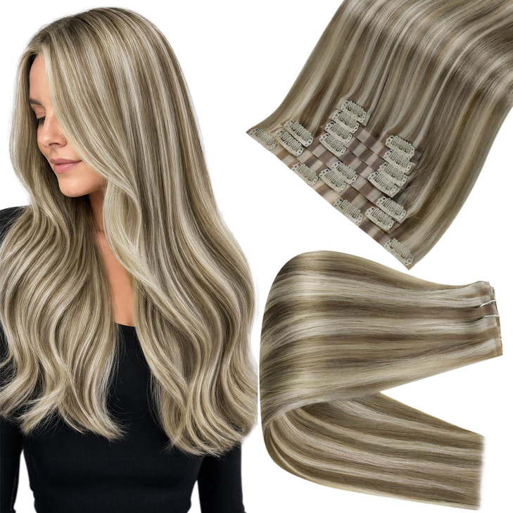 Full Shine Seamless Hair Extensions Clip In Ash Brown Platinum Blonde