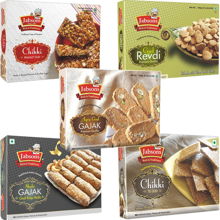 Jabsons 5 Assorted Traditional Sweet Combo Chikki Til Gud Agra Gud Gajak Gud Kaju Roll Gud Revdi Chikki Peanut Gud 400G Each