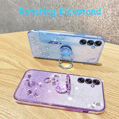 Ephoou for Samsung Galaxy S24 FE 6.7" Slim Case, Crystal Bling Clear Glitter Sparkle Diamond Flowers Floral Design Soft Silicone Cover with Ring Kick