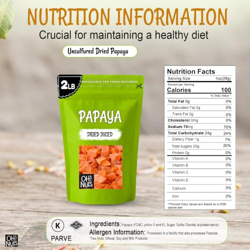 Oh Nuts Dried Papaya Diced Fruit Less Sugar Added Dehydrated Bites 2 Lb