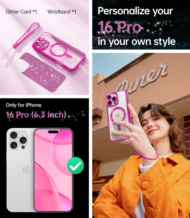 Meifigno Designed for iPhone 16 Pro Case 6.3", [Glitter Card & Wrist Strap] [Compatible with MagSafe] Full Lens Protection Designed for 16 Pro Case,