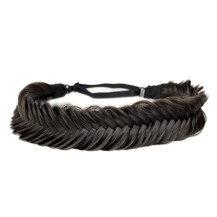 Bobiya Wide Fishtail Headband For Women Synthetic Hair Plaited Braids Elastic Stretch Fishtail Headband Deep Brown