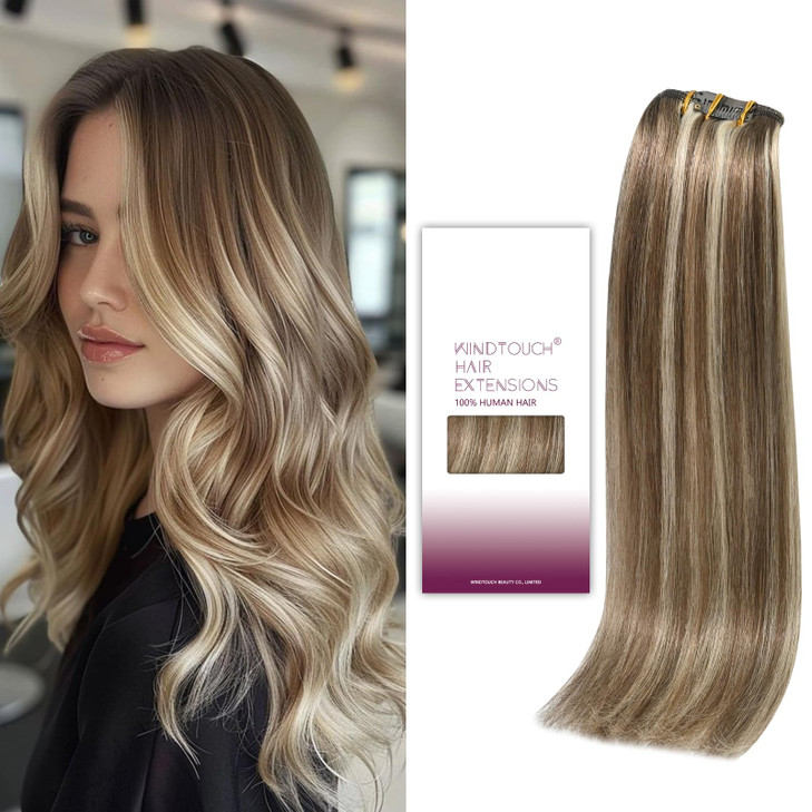 Windtouch Clip In Hair Extensions Real Human Hair Balayage Ash Blonde To Platinum Blonde Highlights Thick Full Head 14Inch 120G 7 Pieces