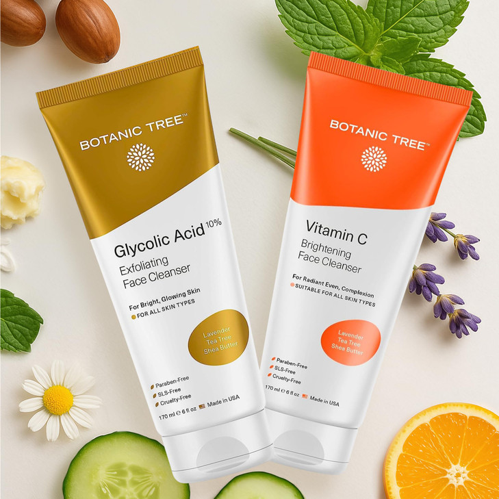 Botanic Tree Double Face Wash Kit Gentle Facial Cleanser Set Of Glycolic Acid Exfoliator Facewash And Vitamin C Cleanser For Women Men
