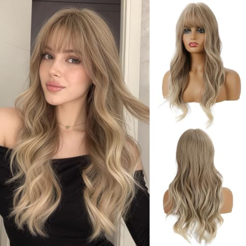 Oufei 24 Inches Ash Blonde Wigs With Bangs For Women Natural Synthetic Wavy Wigs Heat Resistant Hair Long Wigs For Daily Party Wear