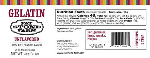 Fat Stone Farm Gelatin Powder Unflavored .5 Oz Single Serve Packets 2 For Freshness Kosher Beef