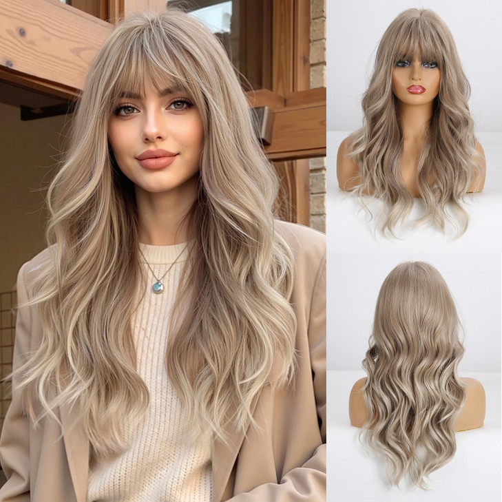 Esmee 24 Long Wavy Synthetic Ash Blonde Wig With Bangs For Women
