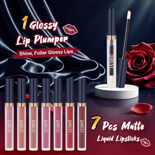 Qibest 7Pcs Matte Liquid Lipstick Plus 1Pcs Lip Plumper Makeup Set Kit Pigmented Long Lasting Lip Gloss Set Velvet Waterproof Halloween Lip