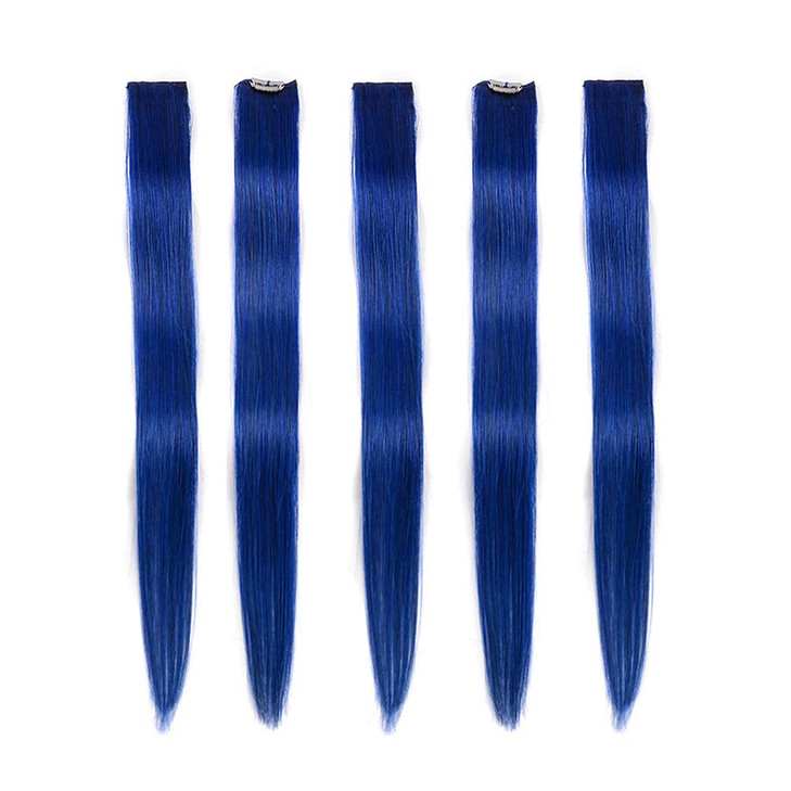 Winsky Blue Clip In Hair Extensions 100 Percent Real Human Hair Straight Highlights Colored Clip On Christmas Hairpieces 5 Pieces Set 18Inch
