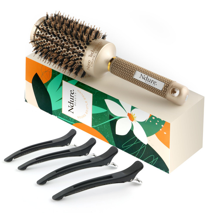 Ndure Beauty Round Hair Brush For Blow Drying Single Brush With 4 Hair Clips Included Ceramic And Ionic Tech Hair Brush With Boar Bristles