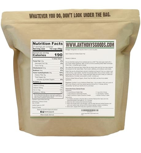 Anthony S Organic Rolled Oats 3 Lb Gluten Free Non Gmo Old Fashioned Whole Grain