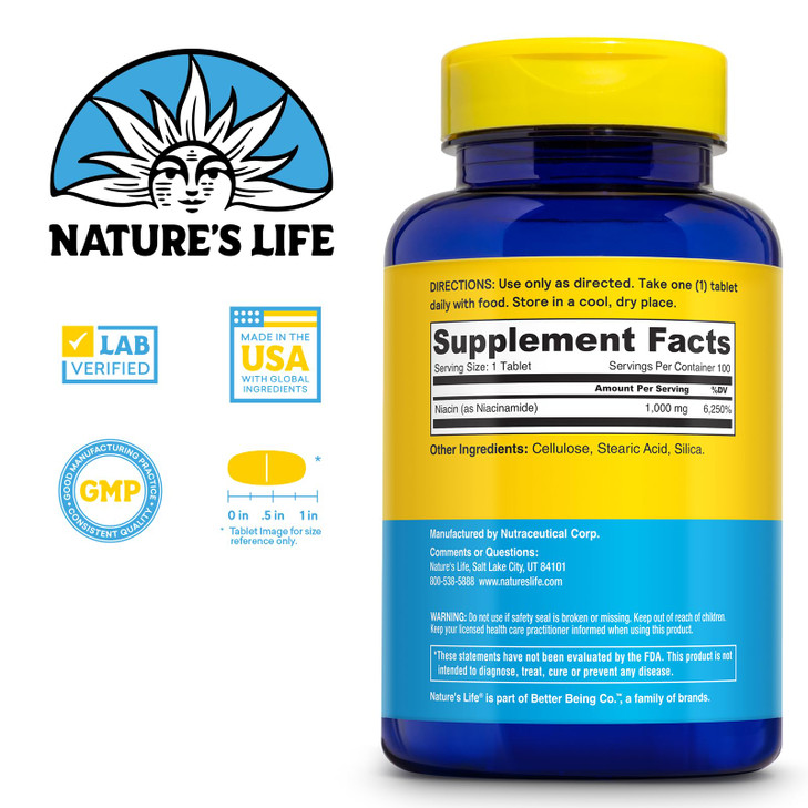 Nature's Life Energizing Niacinamide, Vitamin B3 1000mg - High Potency, No Flush Niacin Supplement - Nerve Function, Energy and Metabolism Support -