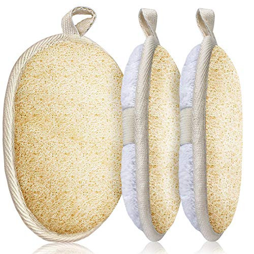 3 Packs Exfoliating Loofah Sponge Pads Large 5 X 7 100 Percent Natural Luffa And Terry Cloth Materials Premium Loofa Sponge Scrubber Body