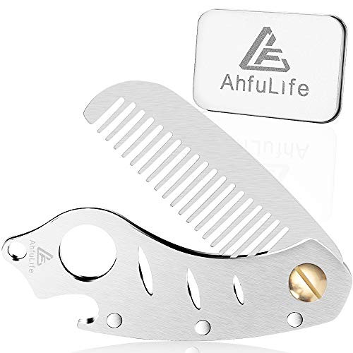 Ahfulife Stainless Steel Metal Hair And Beard Comb Multifunctional Folding Edc Pocket Comb With Bottle Opener Fits In Keychain Anti Static