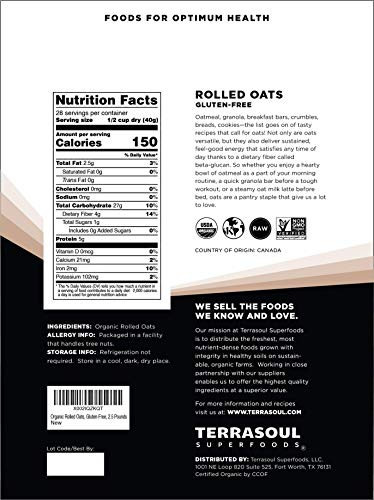 Terrasoul Superfoods Organic Rolled Oats 5 Lbs Gluten Free Old Fashioned Whole Grain