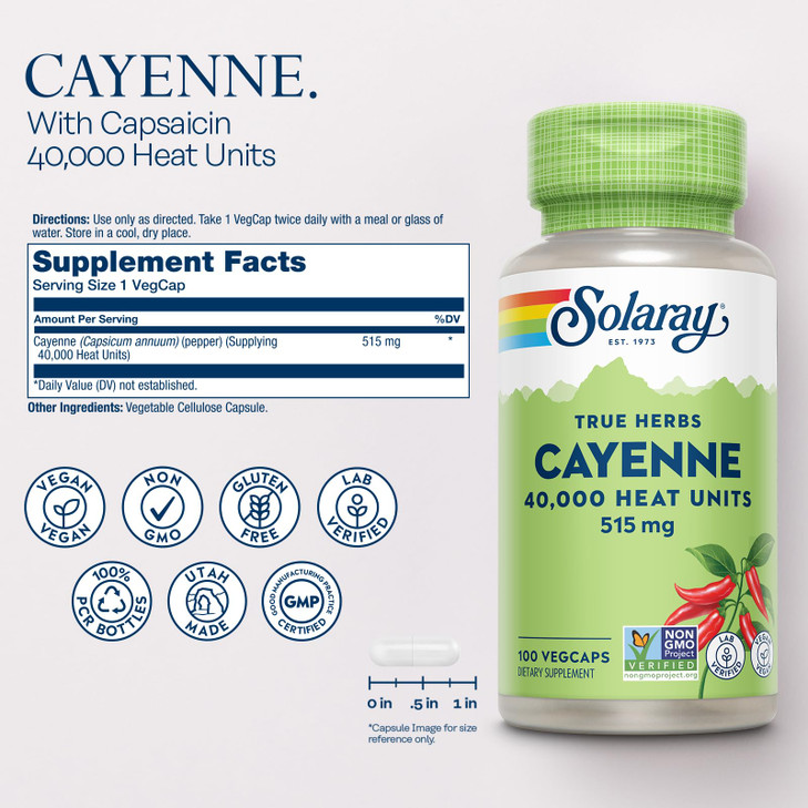SOLARAY Cayenne Pepper Capsules with Capsaicin - Capsaicin Supplements for Powerful Wellness Support - 40,000 Heat Units per VegCap - Vegan, Non-GMO,