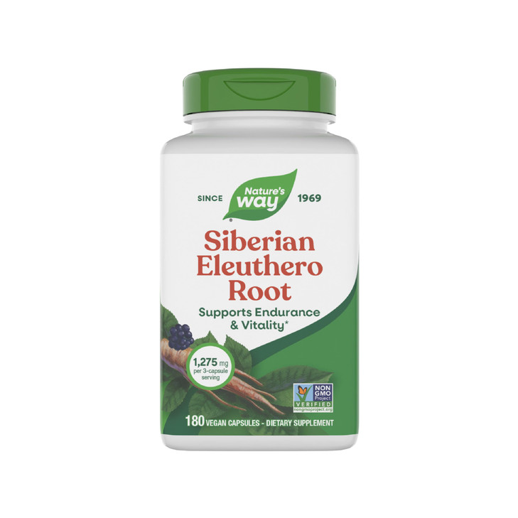 Nature's Way Premium Herbal Siberian Eleuthero Root Supplement, Supports Endurance & Vitality*, Adaptogen*, 1,275mg per 3-Capsule Serving, Non-GMO Pr