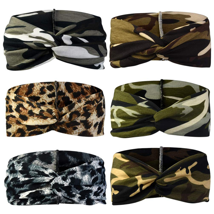 Tiggell 6Pcs Camo Leopard Headbands Elastic Bow Hairband Turban Twisted Head Wrap Knot Hair Accessories For Women Girls Running Sport Travel