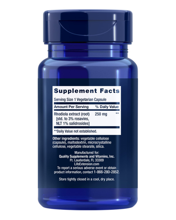 Life Extension Rhodiola Extract, Rhodiola rosea Supplement, standardized Extract, Promotes Physical and Mental Performance, Gluten-Free, Non-GMO, Veg