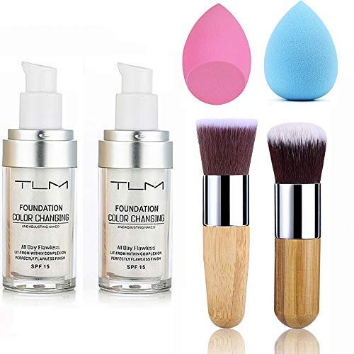 2Pcs Tlm Color Changing Foundation Liquid With 2 Brushes And 2 Cosmetics Sponge Flawless Full Coverage Natural Color Face Primer Base Makeup