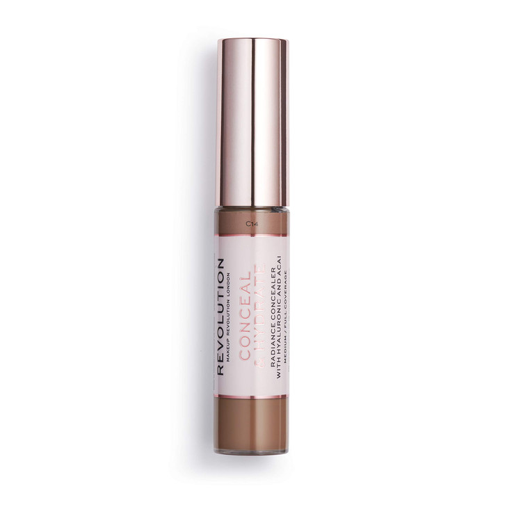 Makeup Revolution Conceal And Hydrate Concealer Full Coverage And Matte Finish C14 For Dark Skin Tones Vegan And Cruelty Free 0.7 Fl Oz