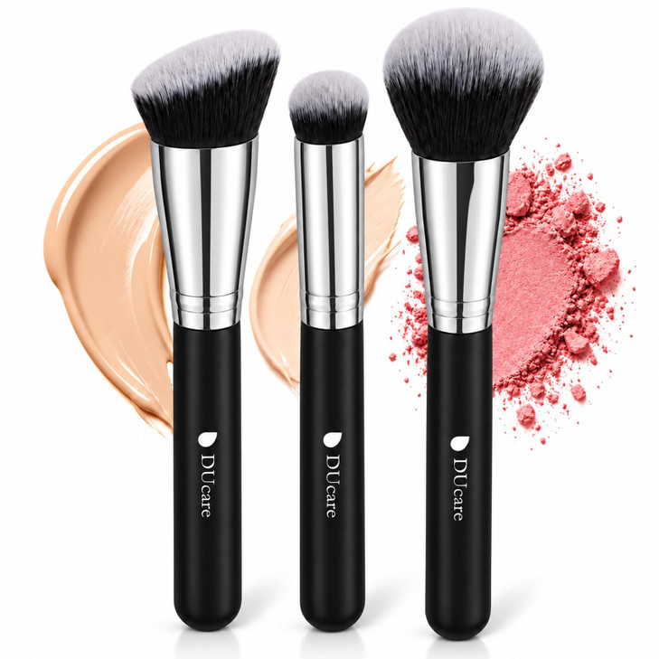 Ducare 3 Pcs Foundation Contour Blush Conceal Brush Set Angled Synthetic Kabuki Brush For Blending Setting Buffing With Liquid Cream And
