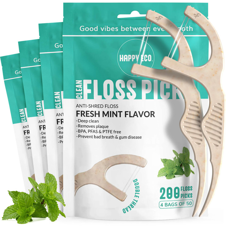 Dental Floss Picks Double Thread Mint 200 Count Corn Straw Flossers