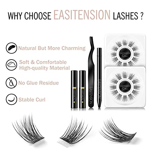 Easitension Diy Eyelash Extension 3D Effect Glue Bonded Band Cluster Lashes Individual Lash Clusters Volume Lashes Set At Home Eyelash