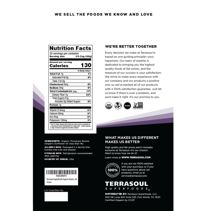 Terrasoul Superfoods Organic Raisins 2 Lbs Seedless No Sugar Added No Preservatives