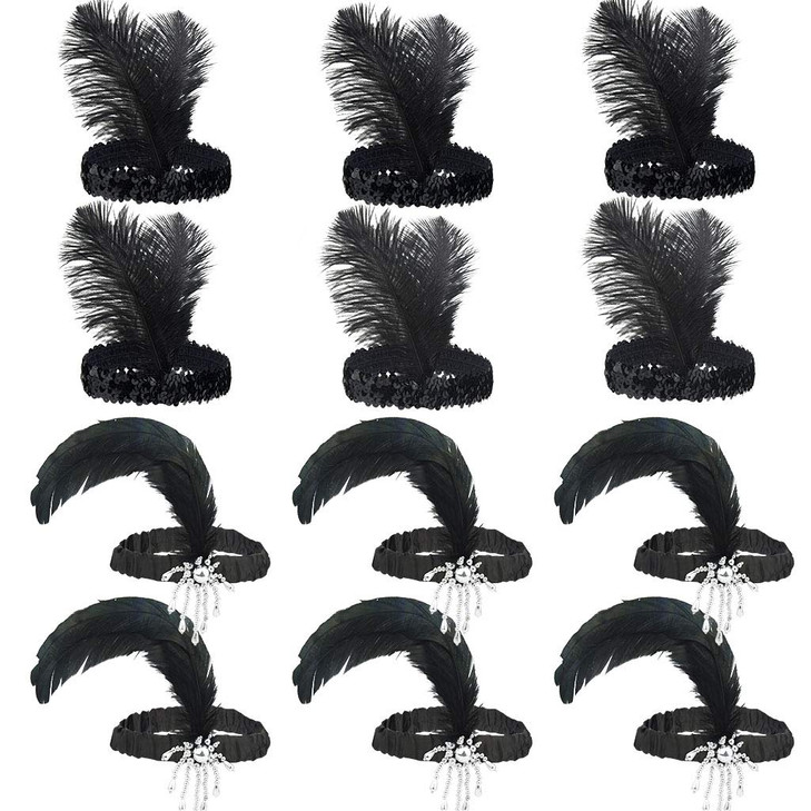 Tongcloud 12Pcs 1920S Flapper Headband Costume Flapper Headpiece For Women Black Feather Headband Great Gatsby 1920S Hair Accessory Vintage