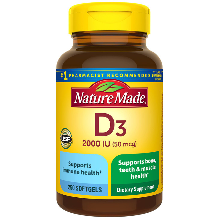 Nature Made Vitamin D3 2000 IU (50 mcg), Vitamin D Supplement for Bone, Teeth, Muscle and Immune Health Support, 250 Softgels, 250 Day Supply