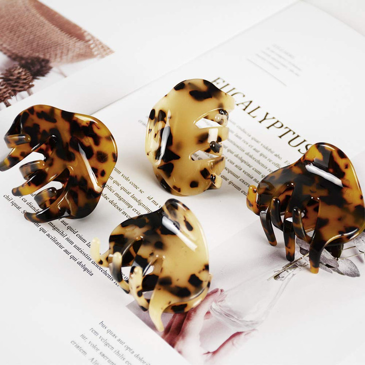4 Pack 2.1 Inch Hair Claw Clips Tortoise Shell Cellulose Acetate Resin Hair Barrettes Medium French Design Hair Jaw Leopard Print Fashion