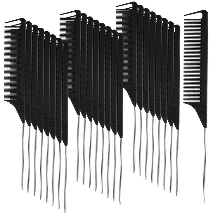 Patelai 30 Pcs Rat Tail Steel Combs Fine Tooth Bulk Black Silver