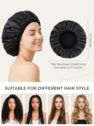 Aquior Shower Cap Terry Lined Shower Cap For Women Reusable Triple Layer Waterproof Bath Cap Extra Large For Women Long Hair Black