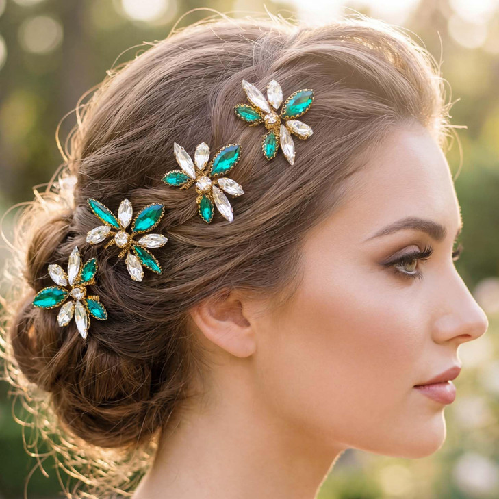 Yokawe Wedding Hair Pins Rhinestone Bridal Hairpin Glitter Green Crystal Elegant Headpiece Formal Bridesmaids Hair Accessories For Women 5