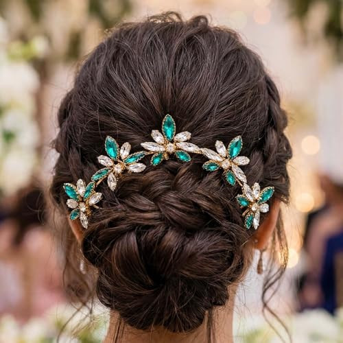 Yokawe Wedding Hair Pins Rhinestone Bridal Hairpin Glitter Green Crystal Elegant Headpiece Formal Bridesmaids Hair Accessories For Women 5