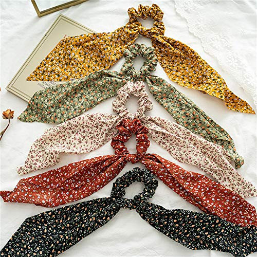 Chiffon Floral Hair Scarf With Ribbon Bows For Women And Girls 5 Pcs Scrunchies With Ponytail Holders