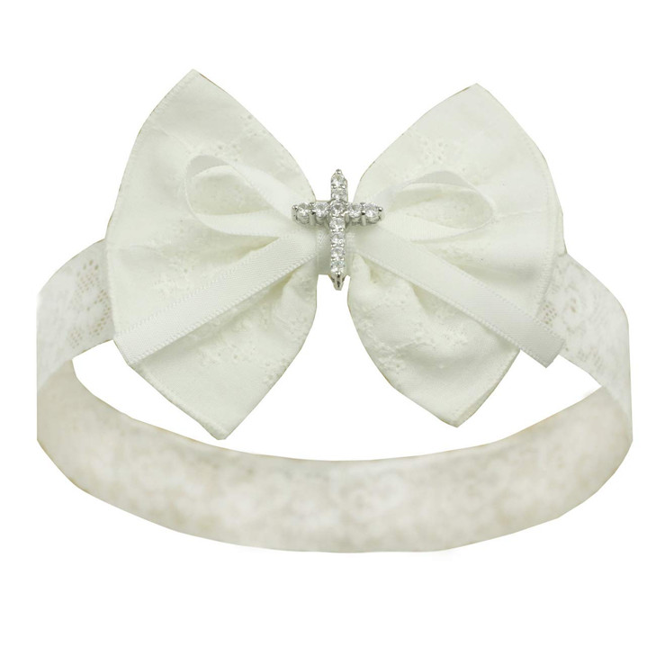 White Baby Bow Headband For Baptism Christening Satin Lace Hair Band With Cross For Toddler A Off White Bow Headband 0 6 Months