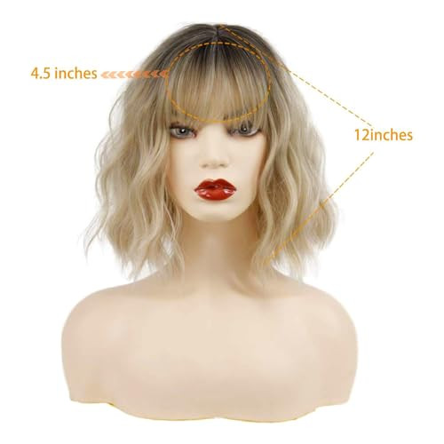 Missqueen Short Blonde Wig With Bangs Ombre Wavy Blonde Bob Wigs For Women