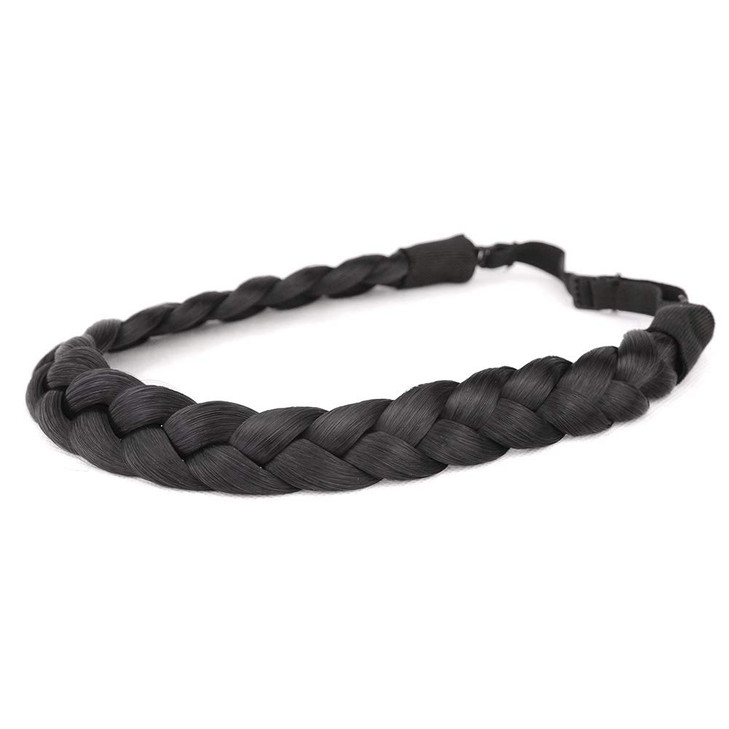 Bobiya 3 Strands Synthetic Hair Natural Black Braided Headband Wide Plaited Braids Elastic Stretch Hairpiece For Women Girl Natural Black