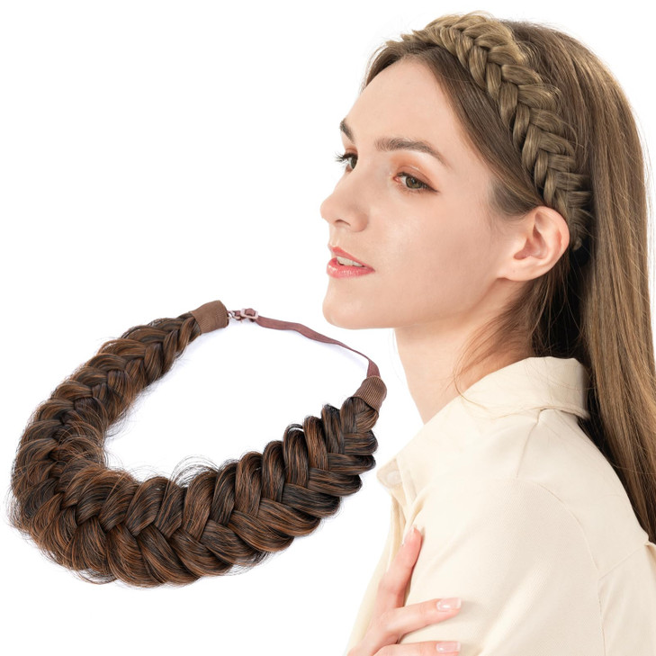 Bobiya Messy Wide 2 Strands Synthetic Hair Braided Headband Classic Chunky Hair Braid Elastic Stretch Braid Headbands For Women Girl Auburn